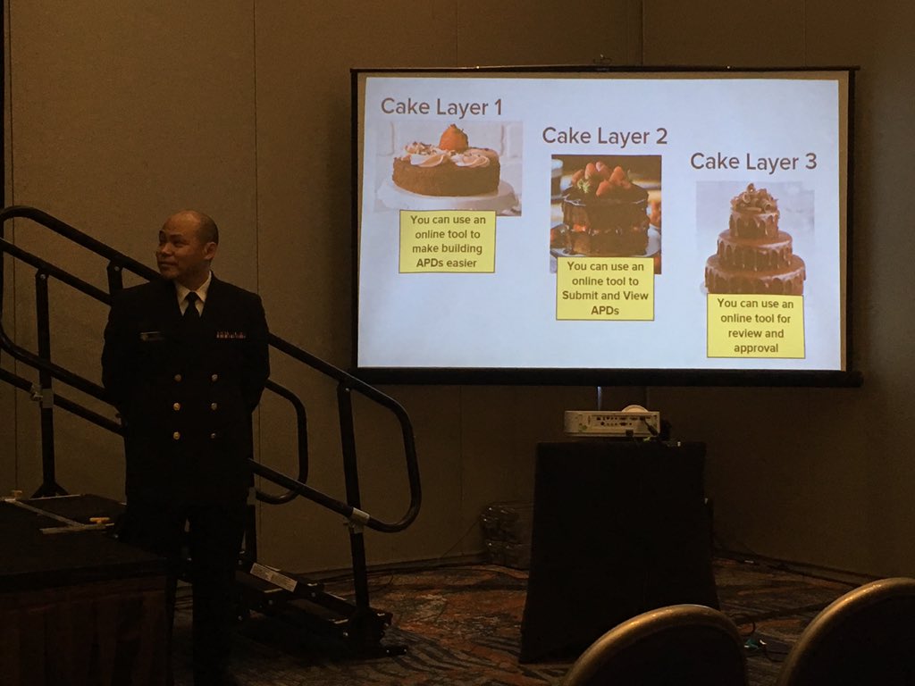 deecath2's tweet photo. Nick Aretakis, Jerome Lee, and the audience discover how building an eAPD is a lot like baking a cake! @HealthITCONNECT @MITREhealth #medicaid https://t.co/NkoVLSy50k