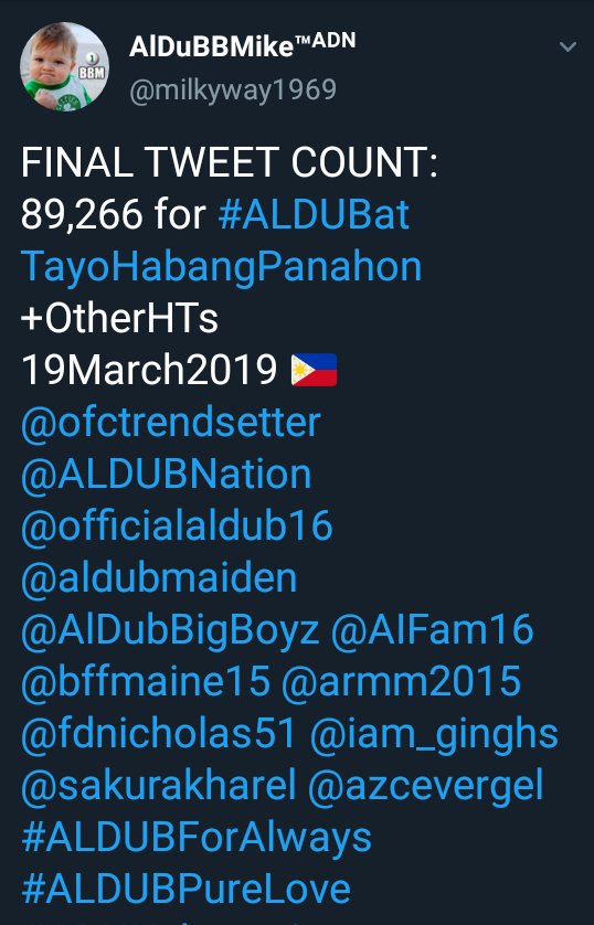 milkyway1969's tweet photo. ROAD🛣️TO 1.1B➡️HT ALDUB (24-Hr Limit)
AO 19March2019 🇵🇭
1,020,745,602 tweets!
(1,020,656,336+89,266)
#ALDUBForAlways
#ALDUBPureLove
#ADNKakayanin
@ofctrendsetter @ALDUBNation @aldenrichards02 @AlDubBigBoyz  @MediaStat_PH @GWR @iam_ginghs @TwitterPH
©@RecordSetter @bffmaine15 https://t.co/FOYkg74rHm