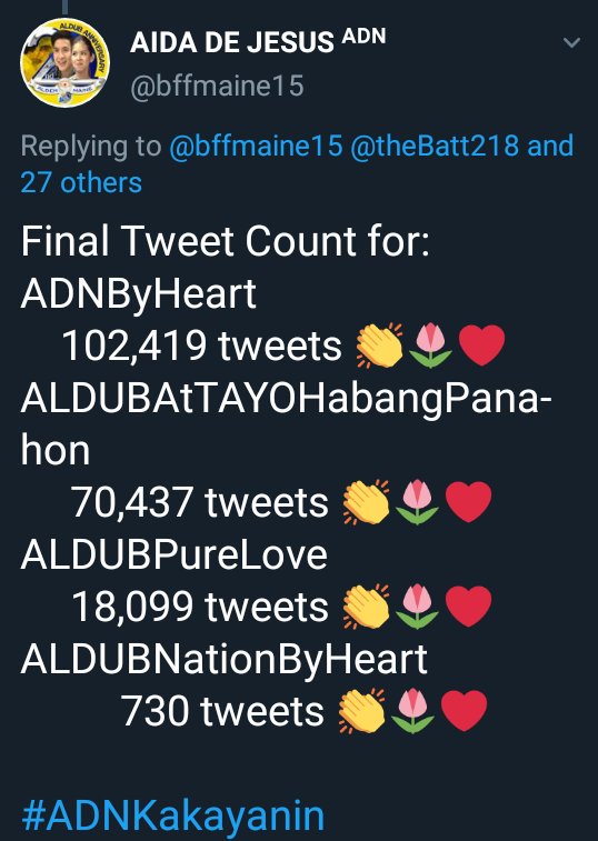milkyway1969's tweet photo. ROAD🛣️TO 1.1B➡️HT ALDUB (24-Hr Limit)
AO 19March2019 🇵🇭
1,020,745,602 tweets!
(1,020,656,336+89,266)
#ALDUBForAlways
#ALDUBPureLove
#ADNKakayanin
@ofctrendsetter @ALDUBNation @aldenrichards02 @AlDubBigBoyz  @MediaStat_PH @GWR @iam_ginghs @TwitterPH
©@RecordSetter @bffmaine15 https://t.co/FOYkg74rHm