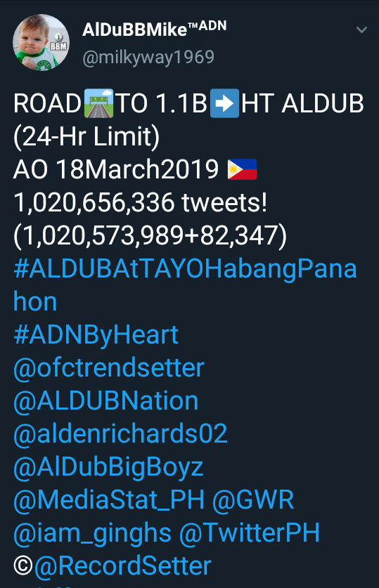 milkyway1969's tweet photo. ROAD🛣️TO 1.1B➡️HT ALDUB (24-Hr Limit)
AO 19March2019 🇵🇭
1,020,745,602 tweets!
(1,020,656,336+89,266)
#ALDUBForAlways
#ALDUBPureLove
#ADNKakayanin
@ofctrendsetter @ALDUBNation @aldenrichards02 @AlDubBigBoyz  @MediaStat_PH @GWR @iam_ginghs @TwitterPH
©@RecordSetter @bffmaine15 https://t.co/FOYkg74rHm