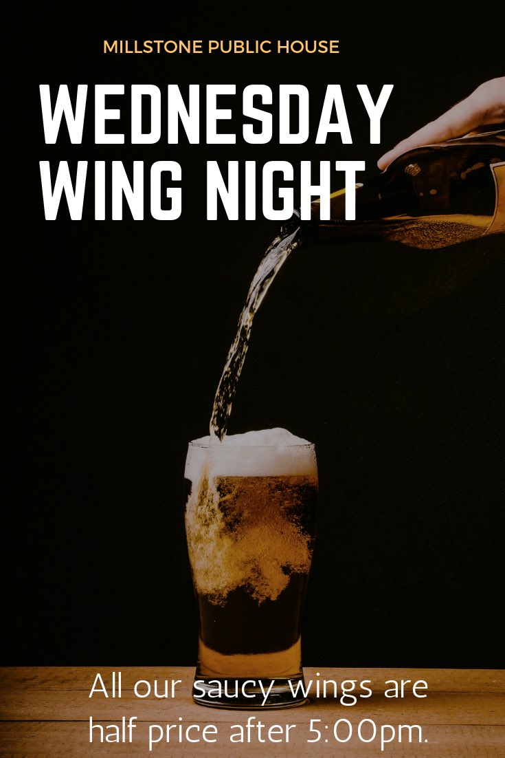 millstone_pub's tweet photo. Did You Know : It's #wingnight on Wednesdays, right here! All our saucy wings are half price after 5 pm. Combine that with #HappyHour till 6 and its winner winner, chicken wing dinner time! #millstonepub #bedford #dartmouth https://t.co/KJTBe6qu6V