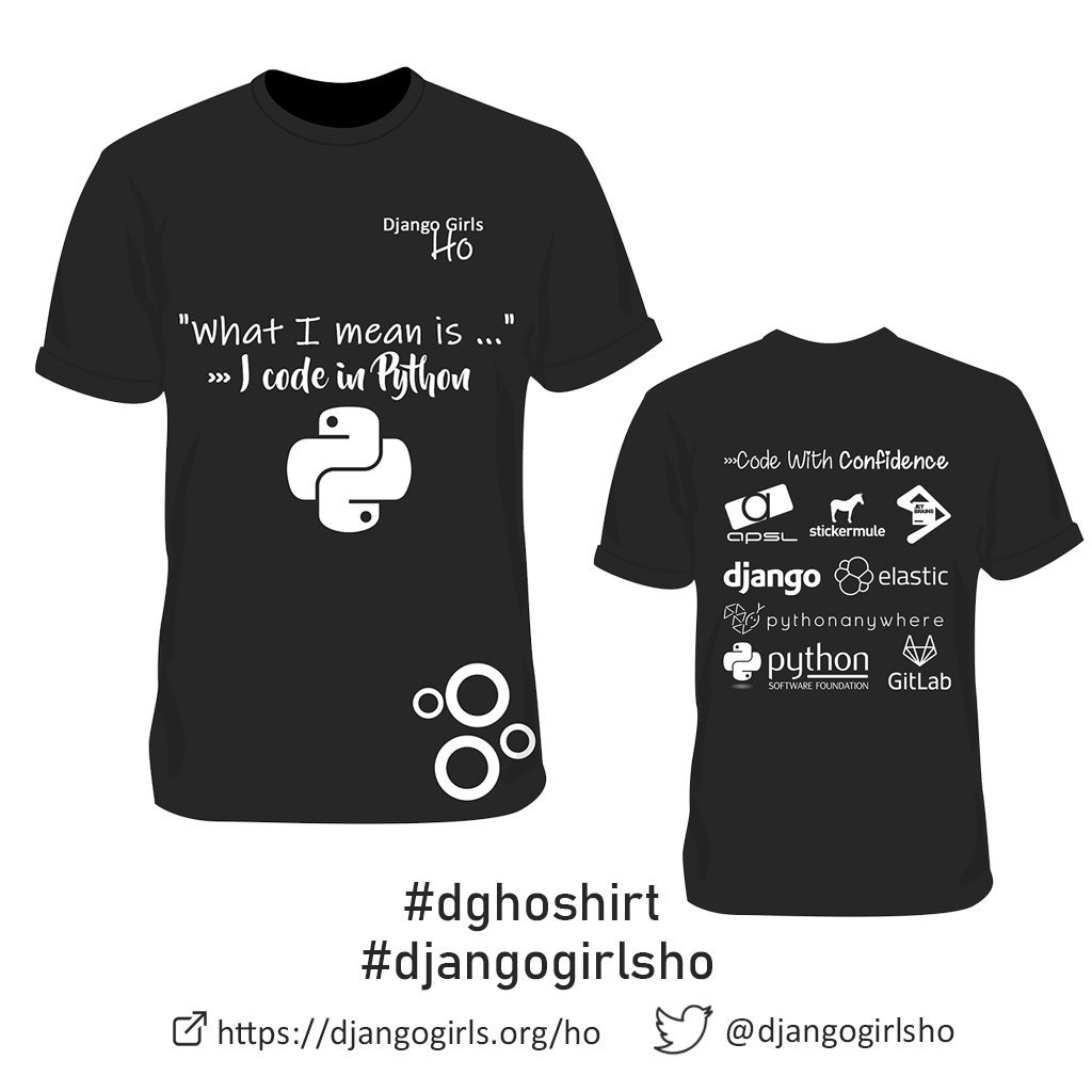 djangogirlsho's tweet photo. Today we are super excited 🥳 to #unveil our shirts designed by @PlasmaDray. Great #thanks to our sponsors, all our #mentees &amp; #coaches will be rocking this outfits: @apsl_web @stickermule @jetbrains @djangoproject @elastic @pythonanywhere @ThePSF @gitlab #djangogirlsho https://t.co/Pewk9t6vI2