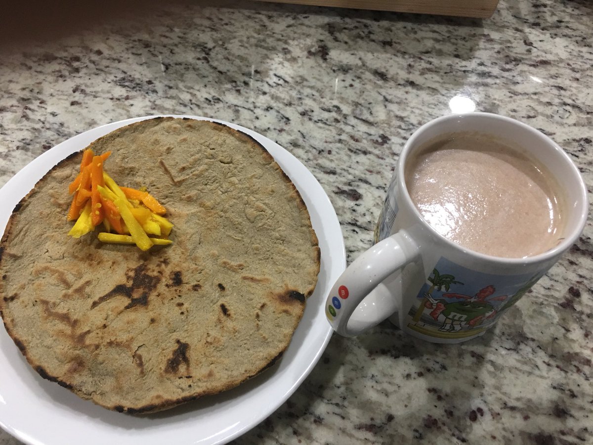 plant_endo's tweet photo. Traditional Indian bread made from millet called Rotlo, home made almond milk with spoonful of homemade  pickled turmeric root-that’s my idea of nutritious comfort food for breakfast #WFPB ⁦@karmipatelmd⁩ ⁦⁦@MahimaGulatiMD⁩ ⁦@mayankjain100⁩ ⁦@agargmd⁩ https://t.co/d8IbjgK6oJ