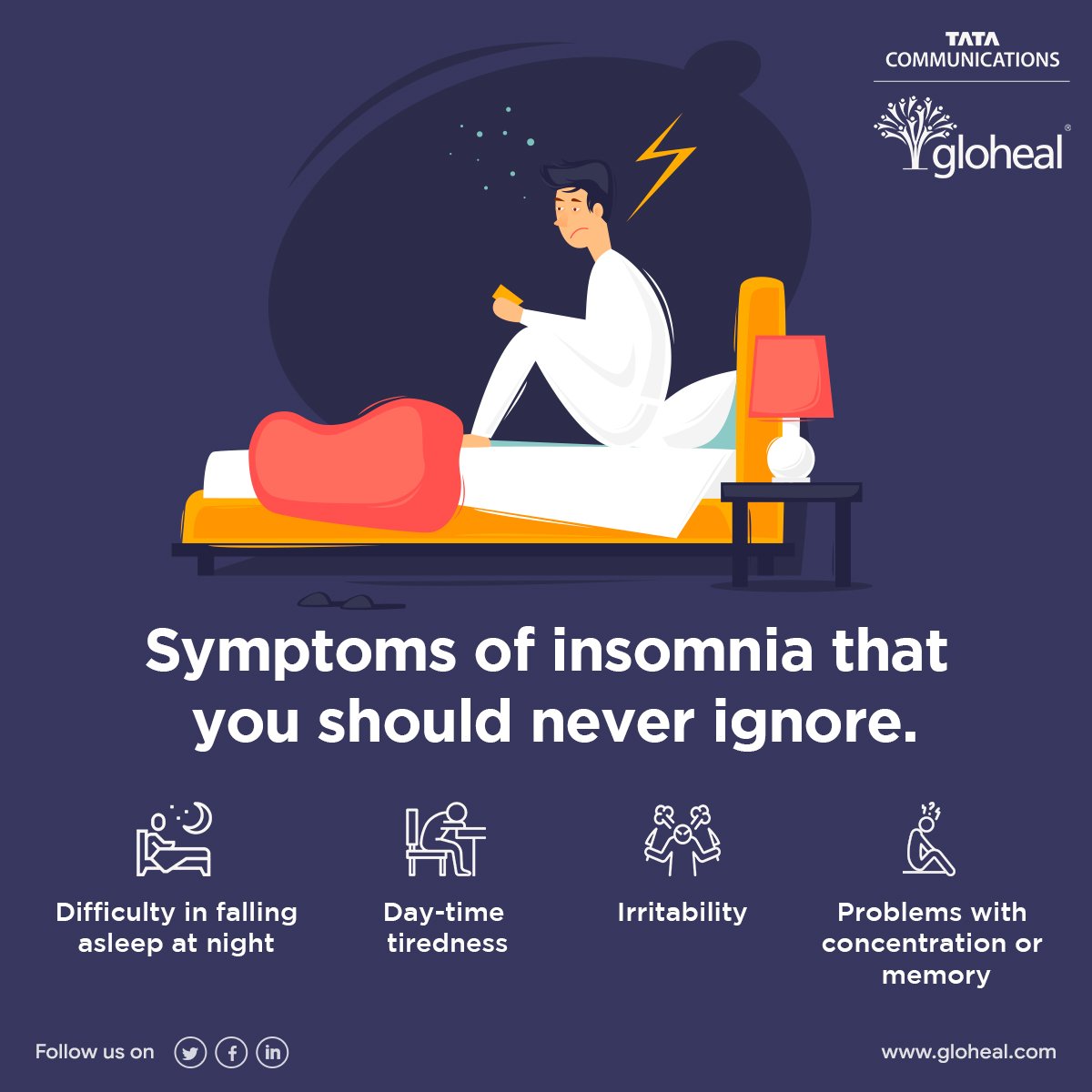 GlohealIn's tweet photo. Characterized by difficulty in falling asleep, insomnia affects 6 -10 % of all adults and the symptoms are severe enough to affect the quality of life. Get the best treatment advice from the top specialist through Gloheal Virtual Clinic. Visit: https://t.co/qANe4u6eAk https://t.co/NDmh7PgoU9