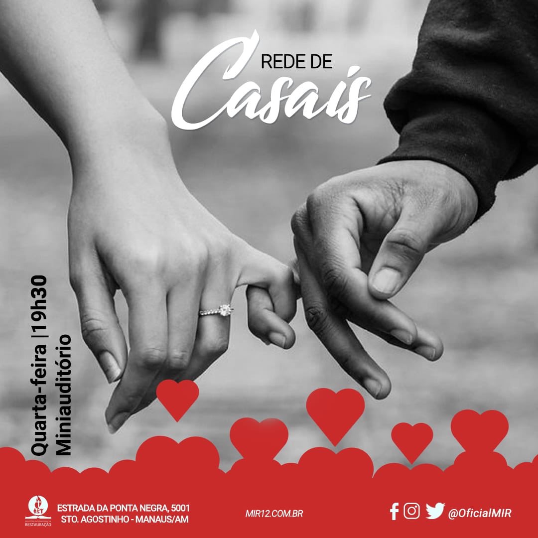 O dia da Rede de Casais chegou! Hoje, às 19h30, aguardamos por você e seu cônjuge. Venha consolidar a sua aliança! Vai ser uma noite tremenda! 💕💑