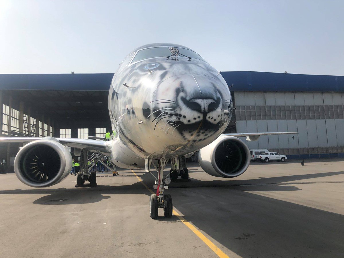 GravityLondon's tweet photo. In search of the #SnowLeopard! The Gravity team filming in Kazakhstan for @embraer #IncredibleJourneys. However, the only Snow Leopard they captured on camera, was on #AirAstana's Incredible new #E190E2 on the runway at Almaty Airport. Wow! https://t.co/wpcqziiVwP