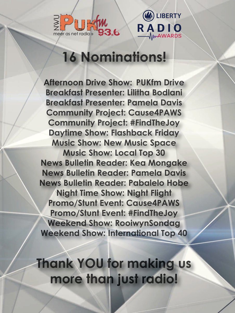 PUKfm has been nominated for no less than 16 <a href="/Liberty_RadioA/">South African Radio Awards</a> 
To every one of the nominees: You are our greatest achievement!

Thank YOU for tuning in &amp; supporting the station every day!

A big high 5 to <a href="/NWUfm1055/">#NWUfm1055</a> on their nomination too!

<a href="/KSRnwupuk/">NWU-Pukke SCC/KSR</a> <a href="/theNWU/">NWU - North-West University</a> 
#morethanjustradio