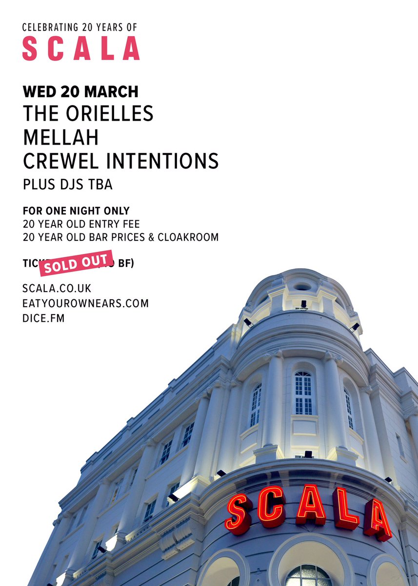 Tonight we play <a href="/ScalaLondon/">Scala</a> for their 20th anniversary with @TheOrielles and <a href="/mellllah/">Mellah</a>