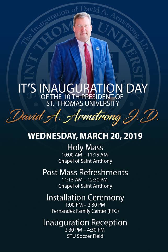 STU_SGA's tweet photo. Come out today @StThomasUniv &amp; @StThomasLaw Big Day today! Inauguration Day! #STU10thPrez See you at Mass at 10am and Inauguration at 1p #stuprez. https://t.co/OsSPWdc4dA