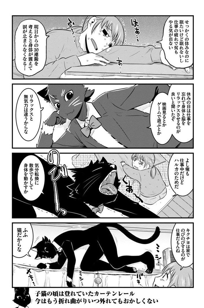 45連勤から帰ると飼い猫が人間？になっていた黒猫漫画 
佐伯さん家のブラックキャット3話①
３Ｐ目は奥さんが妊娠中、新幹線で前の席に座ってた二人の女子に言われた実話です 