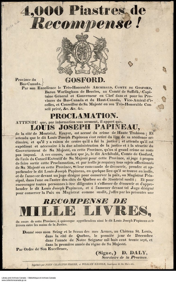 BiblioArchives's tweet photo. «Avoir la tête à Papineau», ce n’est pas qu’une expression!

Nous préservons des affiches de la mise à prix de Louis Joseph Papineau: une récompense était promise à quiconque le livrerait à la justice. De là cette expression typique du Canada français! #JournéedelaFrancophonie https://t.co/o4Ow9PWmpE