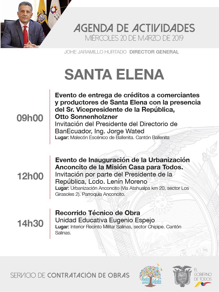 SECOB_Ec's tweet photo. AGENDA|| Sigue las acitividades que el Ing. @JoheJaramilloH estará cumpliendo este miércoles en la provincia de Santa Elena. #SecobEnMarcha https://t.co/t0pB3jVB2I