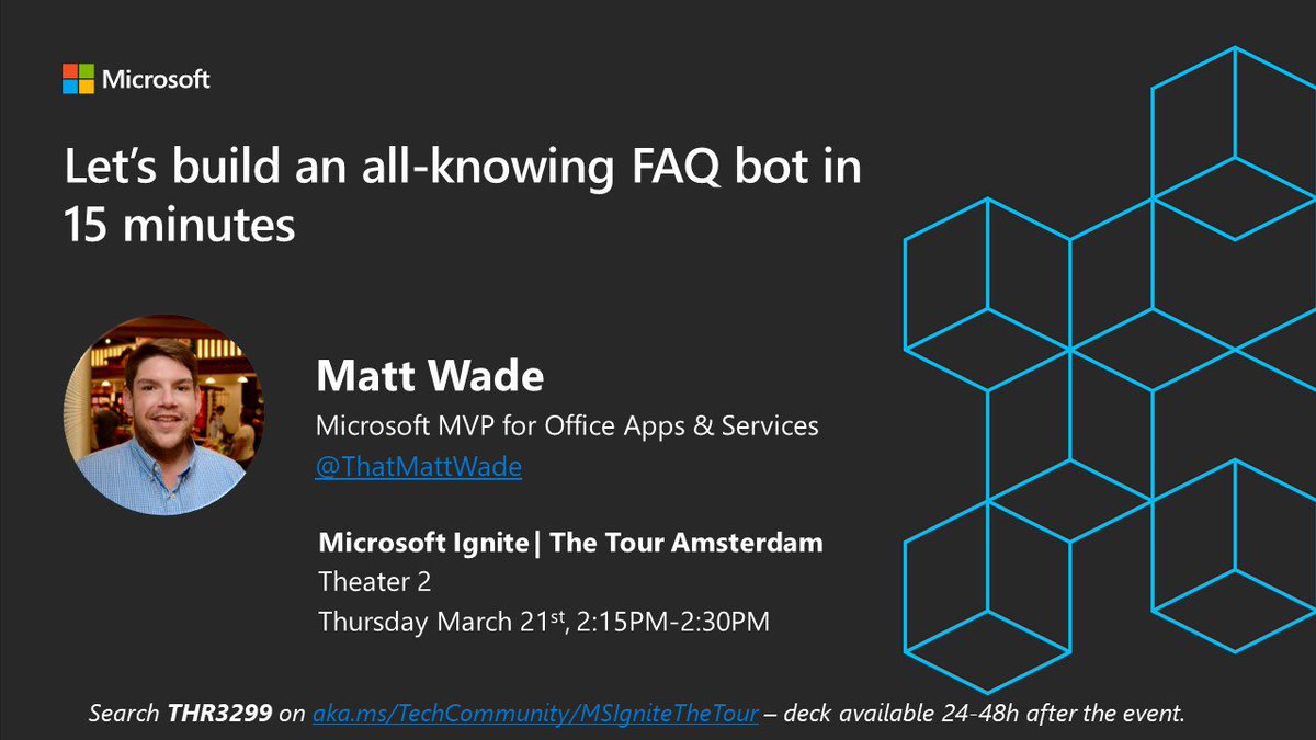 _achu's tweet photo. Thinking of jumping on the chatbot bandwagon? Not sure where to start? @thatmattwade will show you create a bot using @Azure #BotFramework, Bot Services, QnA Maker, and #LUIS at #MSIgniteTheTour Amsterdam #MVPBuzz https://t.co/vnxF0jJBa4