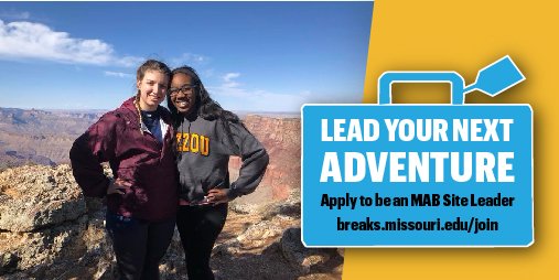 MizzouBreaks's tweet photo. Interested in being an MAB Site Leader or on the Executive Board? Come to our info session tonight at 7PM in Middlebush 205! https://t.co/IJv1uabpHV