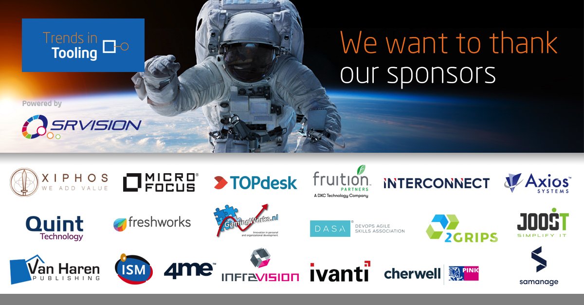 Trends in Tooling &amp; @srvision2019 zou niet mogelijk zijn zonder onze partners! Op 28 maart staan zij in het Kinepolis te Utrecht en helpen ze jouw organisatie klaar te stomen voor de toekomst! De allerlaatste tickets koop je via bit.ly/2UKlqCl #service #resilience