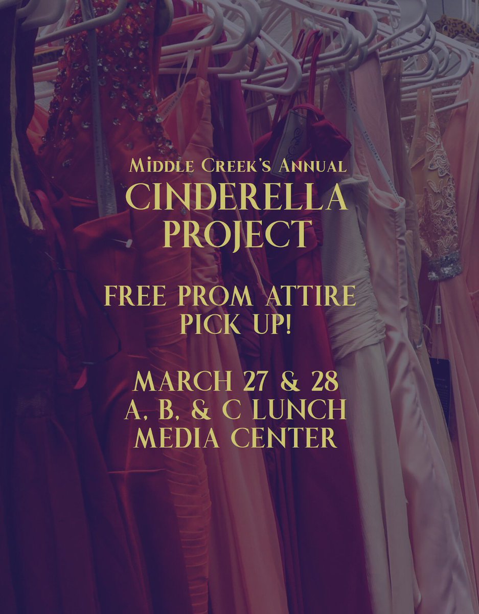MiddleCreekSGA's tweet image. FREE PROM ATTIRE 

Where: Media Center
When: Lunches on 3/27 and 3/28

Come try on dresses or suits and get excited for prom! 

Check out some of the stuff on our instagram @mchscindyproject !
