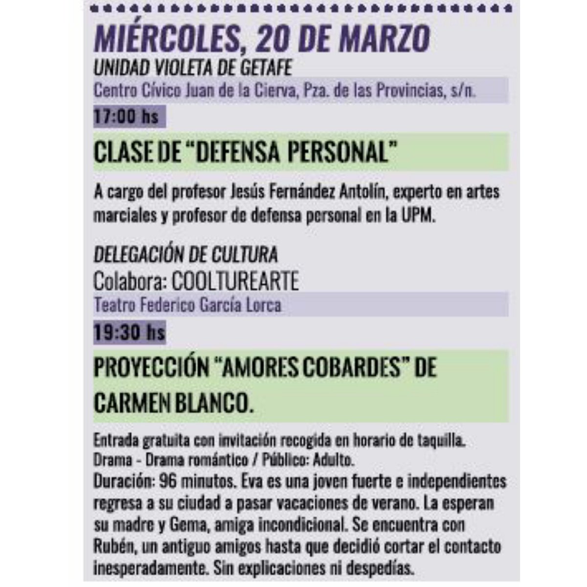 Nos vemos hoy a las 17.00 con <a href="/UnidadVioleta/">UnidadVioleta</a>

Y a las 19.00 con <a href="/Coolturearte/">Coolturearte</a> para ver #LosAmoresCobardes de Carmen Blanco (@DulceAsfixia) en el #TeatroGarcíaLorca

#MujerÁrmate #ÁrmateConElCine