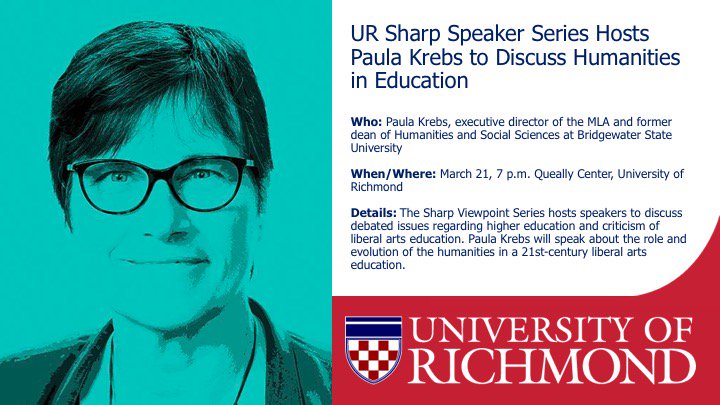 URNews2Use's tweet photo. .@URichmond hosts Paula Krebs (@paulakrebs) tomorrow evening to discuss the evolution of the humanities in education #SharpSeries https://t.co/k01imMcay6 #ursharp @urichmond https://t.co/xANNdcPFQY