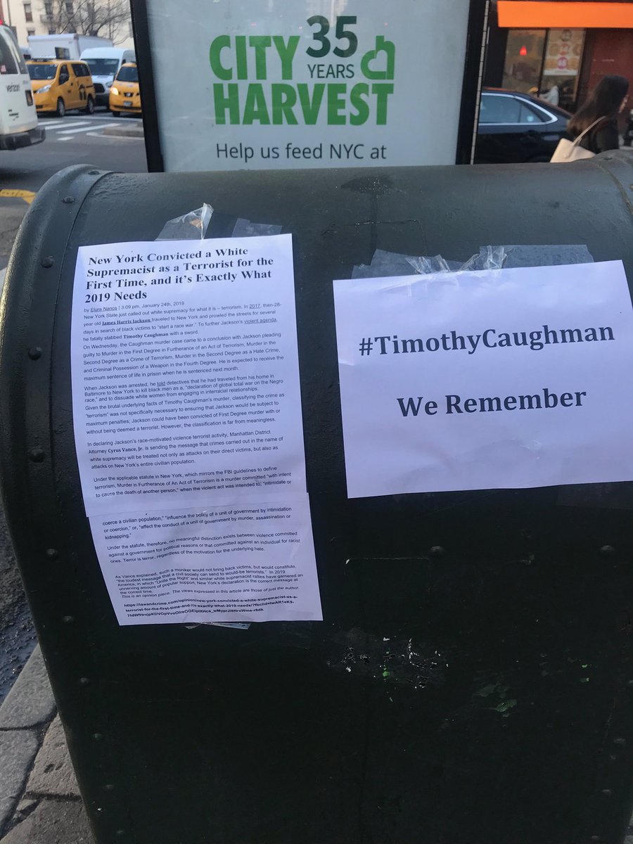 nquints's tweet photo. Hell’s Kitchen, al oeste de Manhattan, recuerda a #TimothyCaughman. Fue asesinado por un supremacista blanco, recientemente condenado a cadena perpetua por terrorismo a causa de ese crimen racista. https://t.co/xzT6mk3HeG