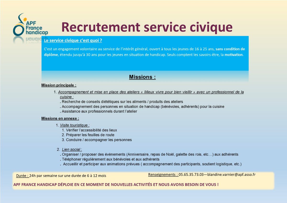 Nous sommes à la recherche d'un volontaire en service civique, n'hésitez pas à nous contacter au 05.65.35.73.03 pour plus de renseignements ! 

#Servicecivique #APF #Recrutement #Lot #important #Volontaire