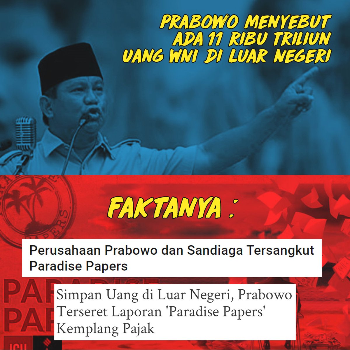 LAminarty's tweet photo. Prabowo dan pernyataannya soal 11 triliun uang WNI ada di luar negeri ini sebenarnya lucu sih. Soalnya dia secara gak sengaja ngaku uang dia juga termasuk salah satunya. Kan nama dia masuk ke dalam Paradise Papers, dimana orang-orang membawa uangnya ke luar negeri di negeri bebas https://t.co/Dhmv6iTcCp