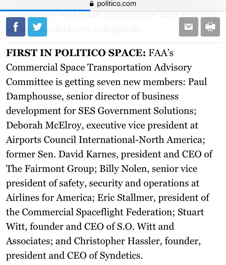  https://www.politico.com/newsletters/politico-space/2018/04/13/pence-to-make-big-space-splash-264087September 1, 2017: Call with former senator, David Karnes of The Fairmont Group.Karnes would later be appointed to an FAA advisory committee. (39)