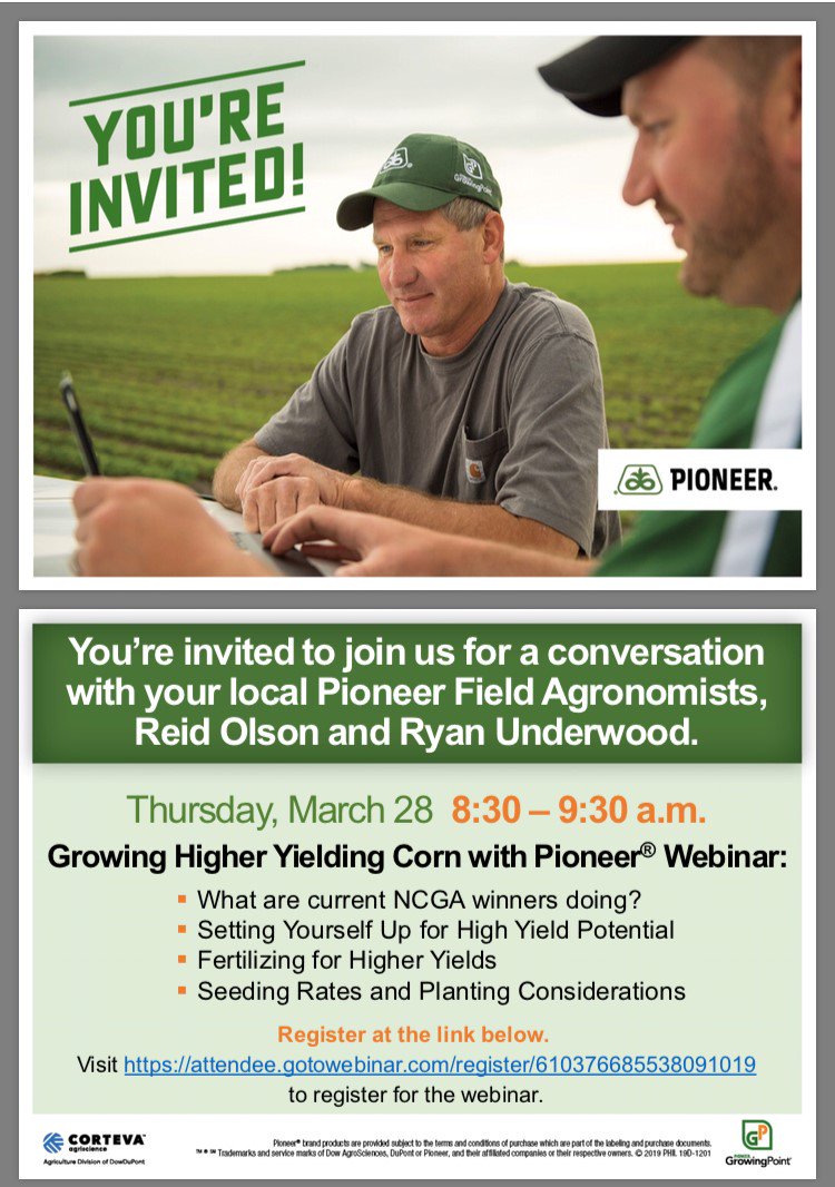 woodclones's tweet image. You're invited to join your local @PioneerSeeds Agronomists, Reid Olson and Ryan Underwood to talk about Growing Higher Yielding Corn with Pioneer. 

Please click this link to register: attendee.gotowebinar.com/register/61037…
