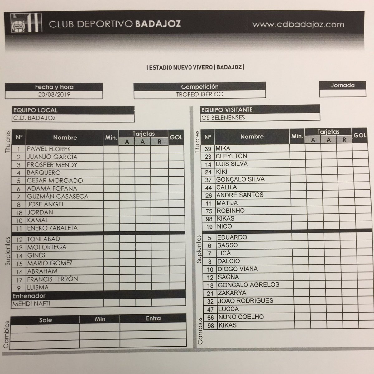 🏆 ALINEACIONES <a href="/TrofeoIberico/">Trofeo Ibérico</a> 

<a href="/CDBadajoz/">CD Badajoz</a> - @BelenensesOs