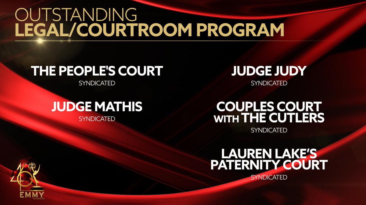 DaytimeEmmys's tweet photo. The #DaytimeEmmys nominees for Outstanding Legal/Courtroom Program are: @thepeoplescourt, @JudgeGregMathis, @JudgeJudy, @CouplesCourt_TV, and @PaternityCourt. https://t.co/5HC28shDdd