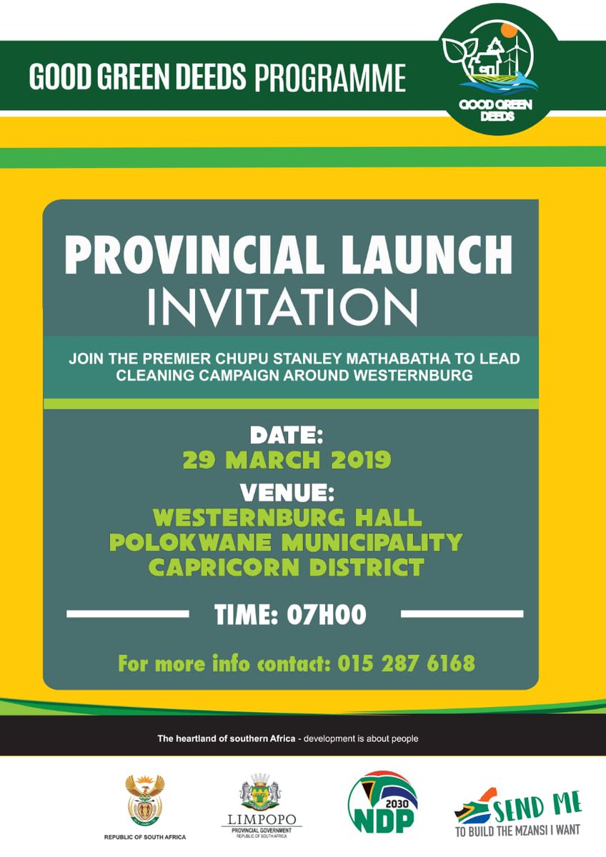 MANTHINGOS's tweet photo. The Limpopo Premier will launch the #goodgreendeeds on 29 March 2019 at Westernburg under Polokwane Municipality, Capricorn District. #keepsaclean #billybin #ThumaMina @limpopo @environmentza. https://t.co/8VkctV0VYq