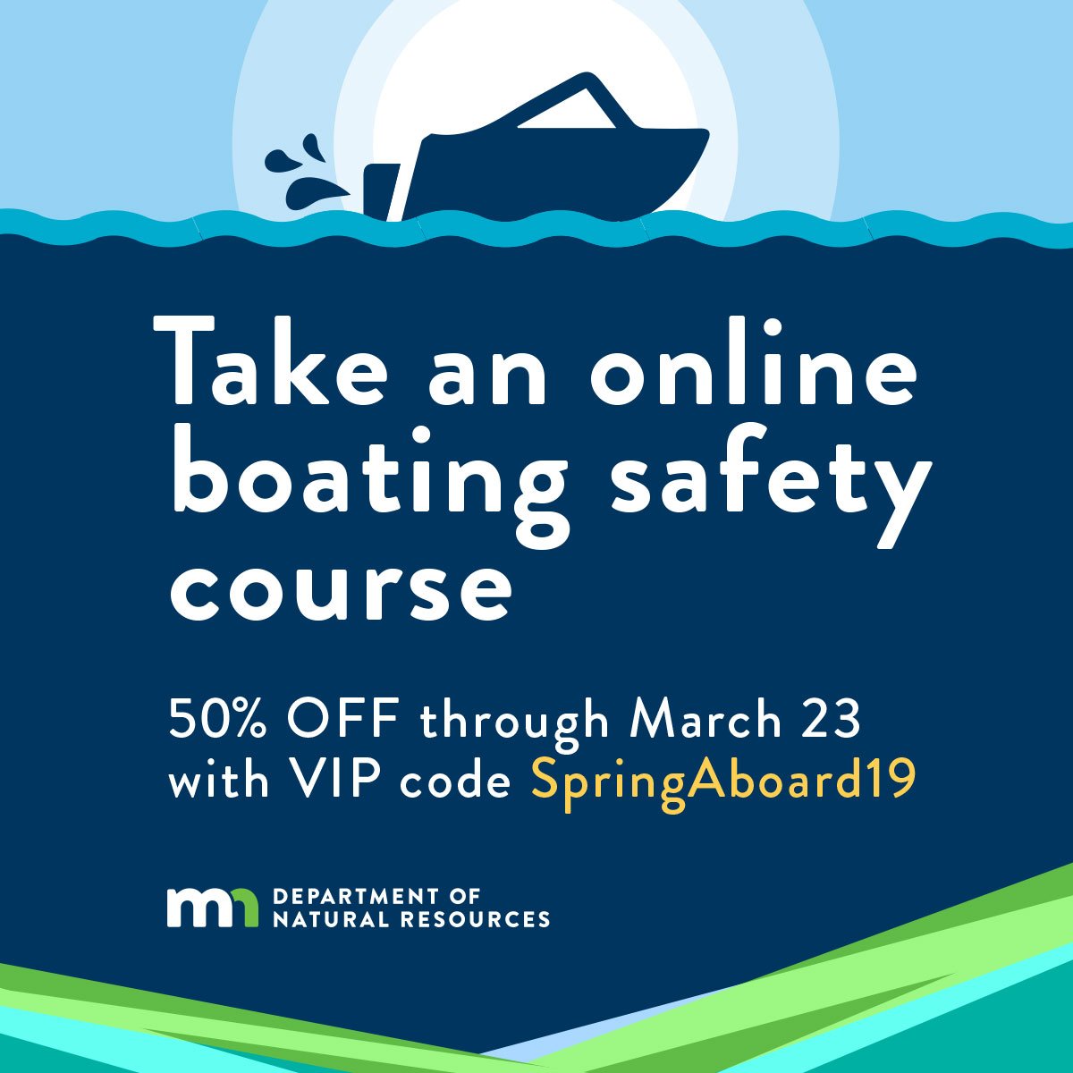 mndnr's tweet image. Spring aboard into boating season! Enroll in an online education course. Now through March 23 enter VIP code SpringAboard19 for 50% off. mndnr.gov/safety/boatwat… #SpringAboard #boating