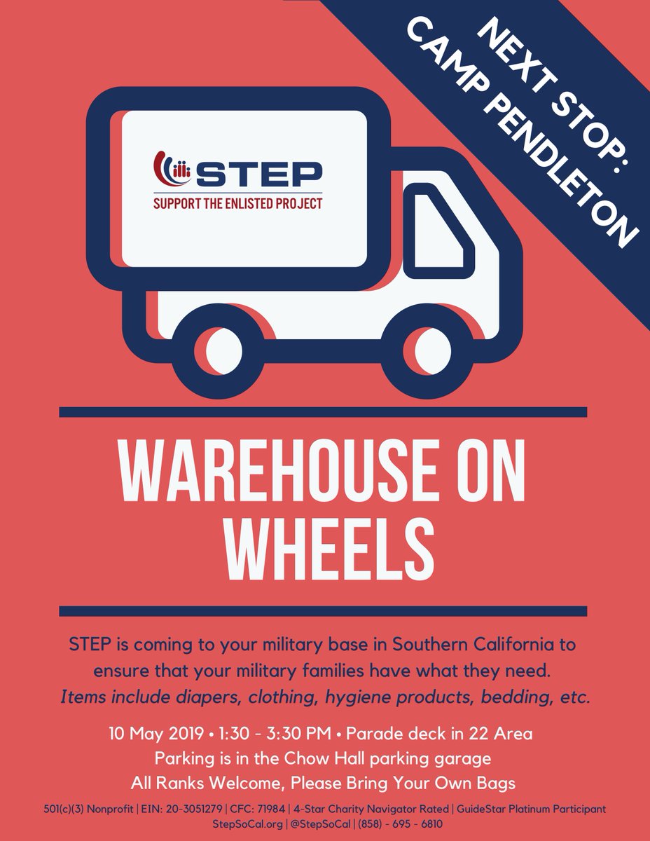 teamstepusa's tweet photo. TWO WEEKS! CAMP PENDLETON, get ready for STEP's box truck full of goods to distribute on base to ensure that our military families have what the need. Come find us on May 10th for a Warehouse on Wheels (WOW) event!
#stepsocal #camppendleton #militaryfamilies #wow #Marines https://t.co/a2CBEvcTDw