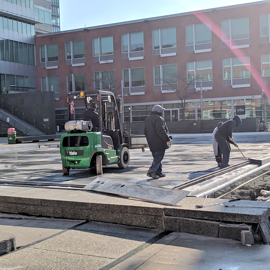 SharkeyCBC's tweet photo. Non-traditional signs of spring, in the hours approaching the equinox. Aaaand GO!  Mine? The @CityKitchener removing the ice pad from Carl Zehr Square https://t.co/rYrS1RcgPY