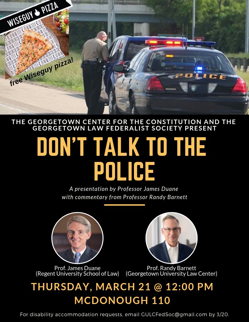 GtownFedSoc's tweet photo. Fresh off a fantastic event featuring two top federal prosecutors, our next event will consider the criminal justice system from a different perspective! Join us tomorrow at noon for some free pizza and free legal advice. #fedsoc #fedsocevents #GULCFedSoc #police #freeslices https://t.co/DgdCpHRnYA