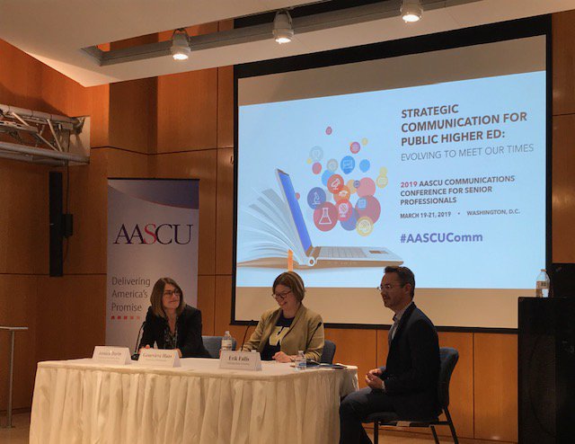 AASCU's tweet image. Jessican Darin from @CalPoly, Genevieve Haas from @UW &amp;amp; Erik Fallis of @DickJonesComm discuss how to leverage the executive voice to achieve university aims while navigating strongly-held experiential and partisan divides #AASCUComm
