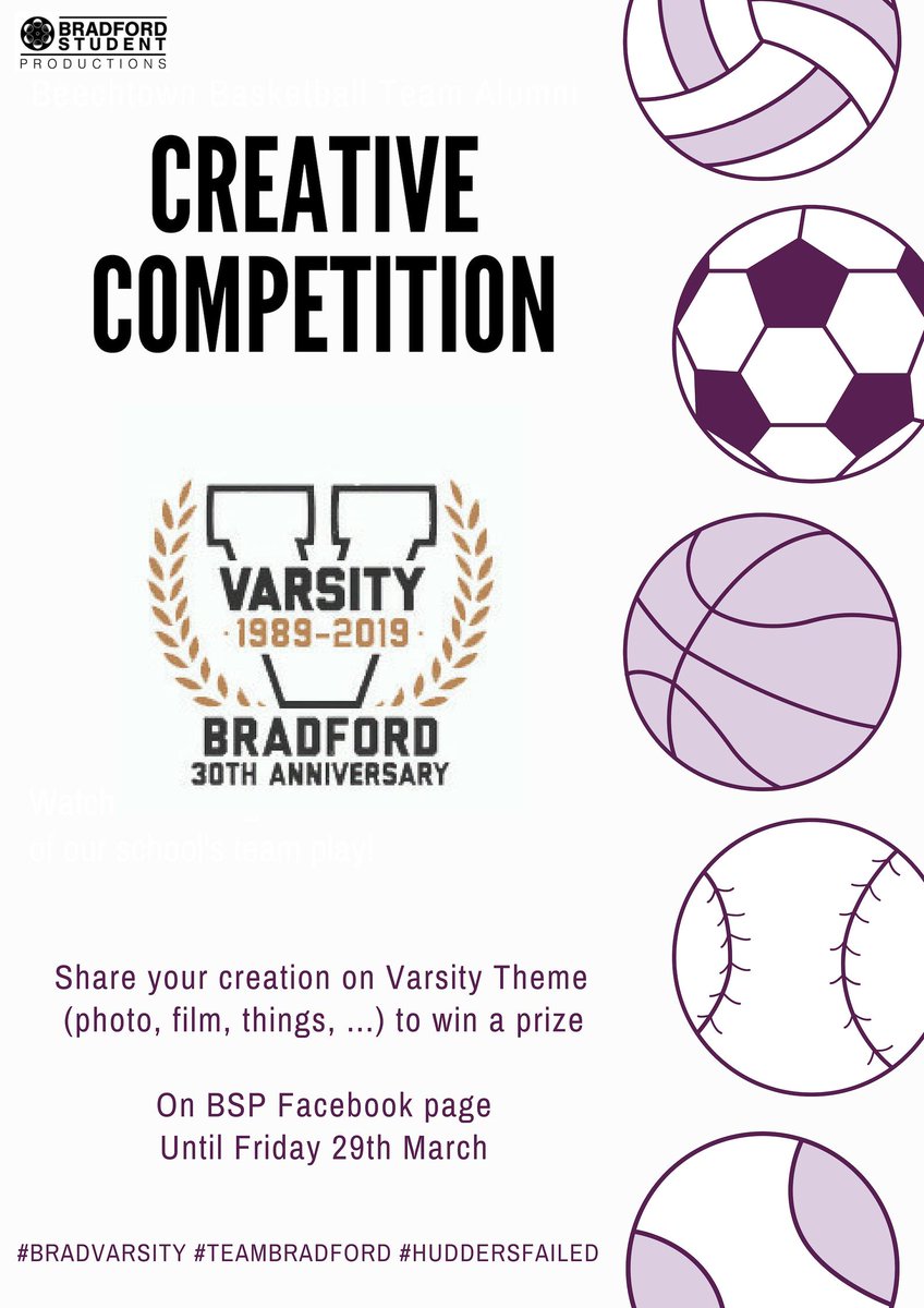 UBUBSP's tweet photo. Bradford Student Productions x Varsity 2019 

Support Bradford Team and share your creation (film, photo, things,…) on Varsity Theme. Try you luck by sharing your best creation on BSP Facebook Page until Friday 29th March (included) and win a special prize. 

Team Bradford ! https://t.co/n8VrnTnN5S