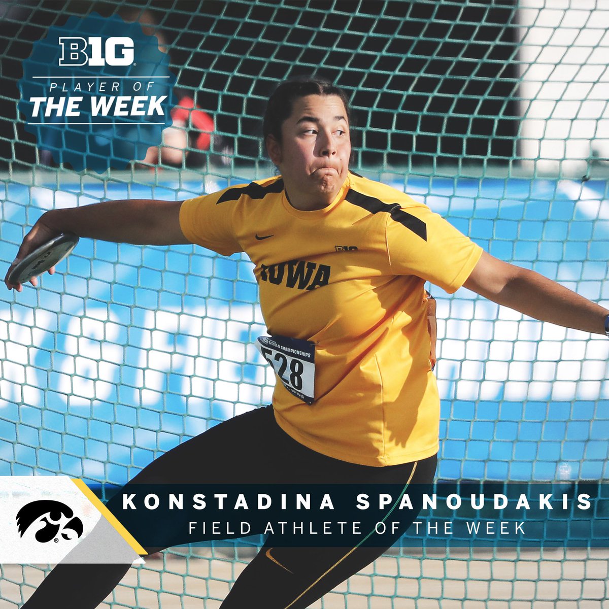 bigten's tweet photo. Konstadina Spanoudakis of @IowaXC_TF finished second in the discus and her 53.41 meter throw is the sixth best in the country this season and third best all-time in Iowa's record books https://t.co/80BR3j57Vs