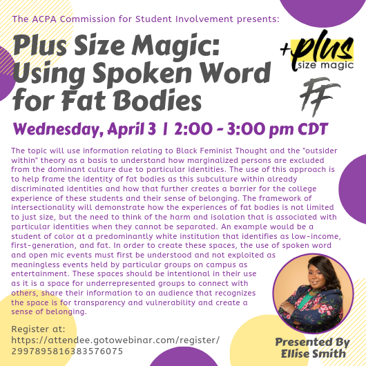 CSI_ACPA's tweet photo. Come check out an upcoming webinar provided by the Commission for Student Involvement E-Series! #SAPro #SAGrad #ACPACSI

https://t.co/ZNrGbJziZC https://t.co/gXHC2WENVt