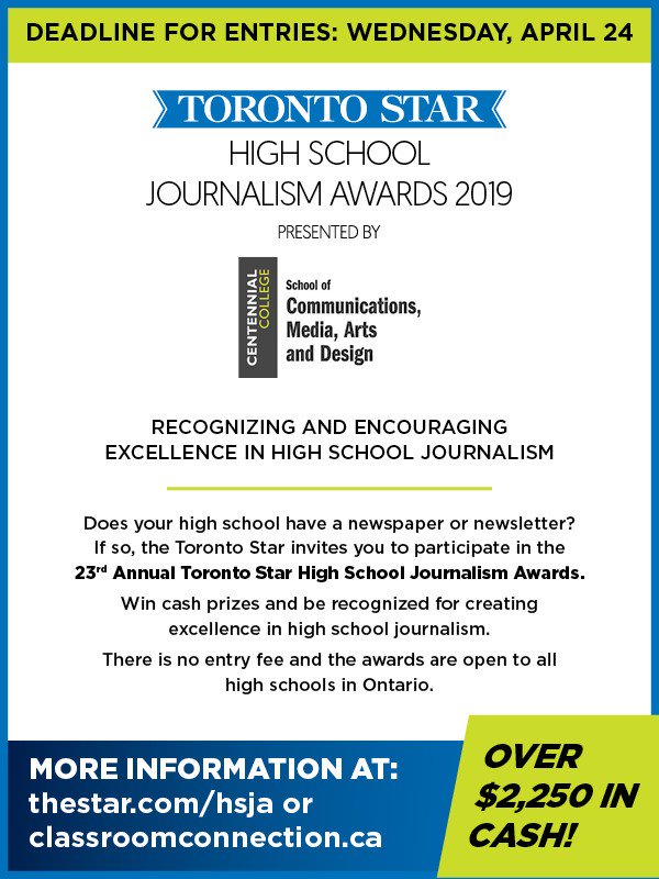 TCDSB's tweet image. Calling all TCDSB high schools! Toronto Star Journalism Awards--deadline for applications April 24th.