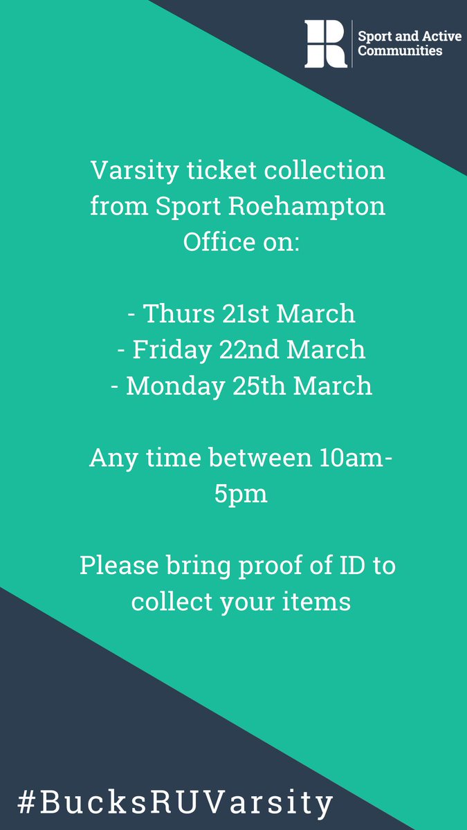 sportroehampton's tweet photo. ***1 week till #BucksRUVarsity***

Varsity ticket collection from Sport Roehampton Office on:

- Thurs 21st March
- Friday 22nd March
- Monday 25th March

Any time between 10am-5pm

Please bring proof of ID to collect your items https://t.co/8v2Q0tRJ6B