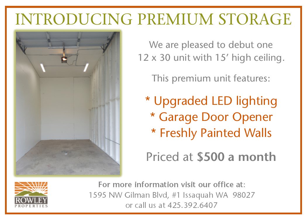 RowleyMarisa's tweet photo. @RowleyProp is excited to share our new PREMIUM Storage Unit! This is a one-of-a-kind unit, with hard-to-find size and upgraded features.  Limited availability.  Call now 425-392-6407 https://t.co/s1y1D49M0a