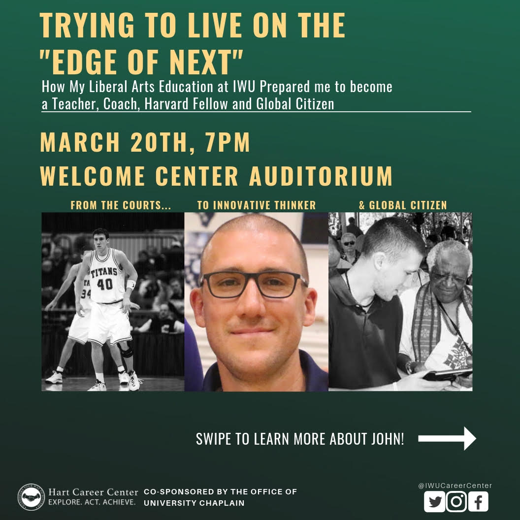 IWUCareerCenter's tweet photo. Join us at 7 pm tonight in the Welcome Center Auditorium to hear from former Titan, John Camardella '03, who will share how his IWU experience and education prepared him for career success! https://t.co/4cVXETmH7I