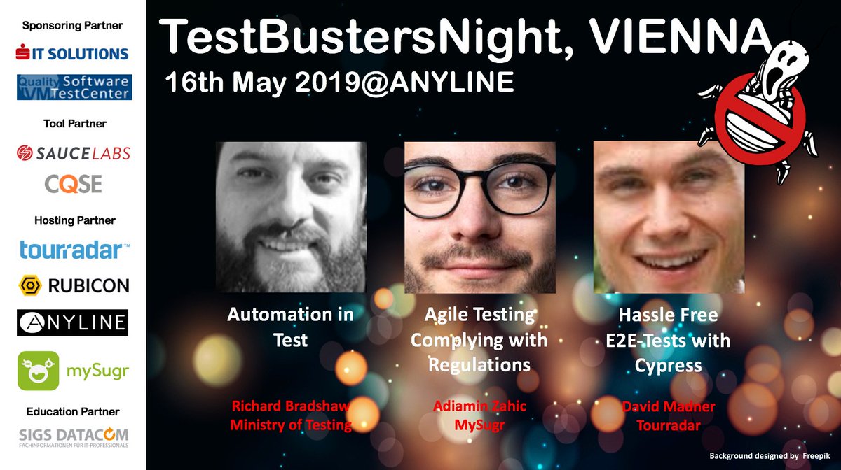 RudolfGroetz's tweet photo. Who you gonna call? #testBusters - join David Madner @TourRadar talks about #TestAutomation with @Cypress_io #atamVIE hosted by @ANYLINE_COM sponsored by @IVM_at SIT-Solutions @cqse @saucelabs @SIGSDATACOM - Register here: https://t.co/U4Ht7NilK3 https://t.co/Gda9Y6aV9y