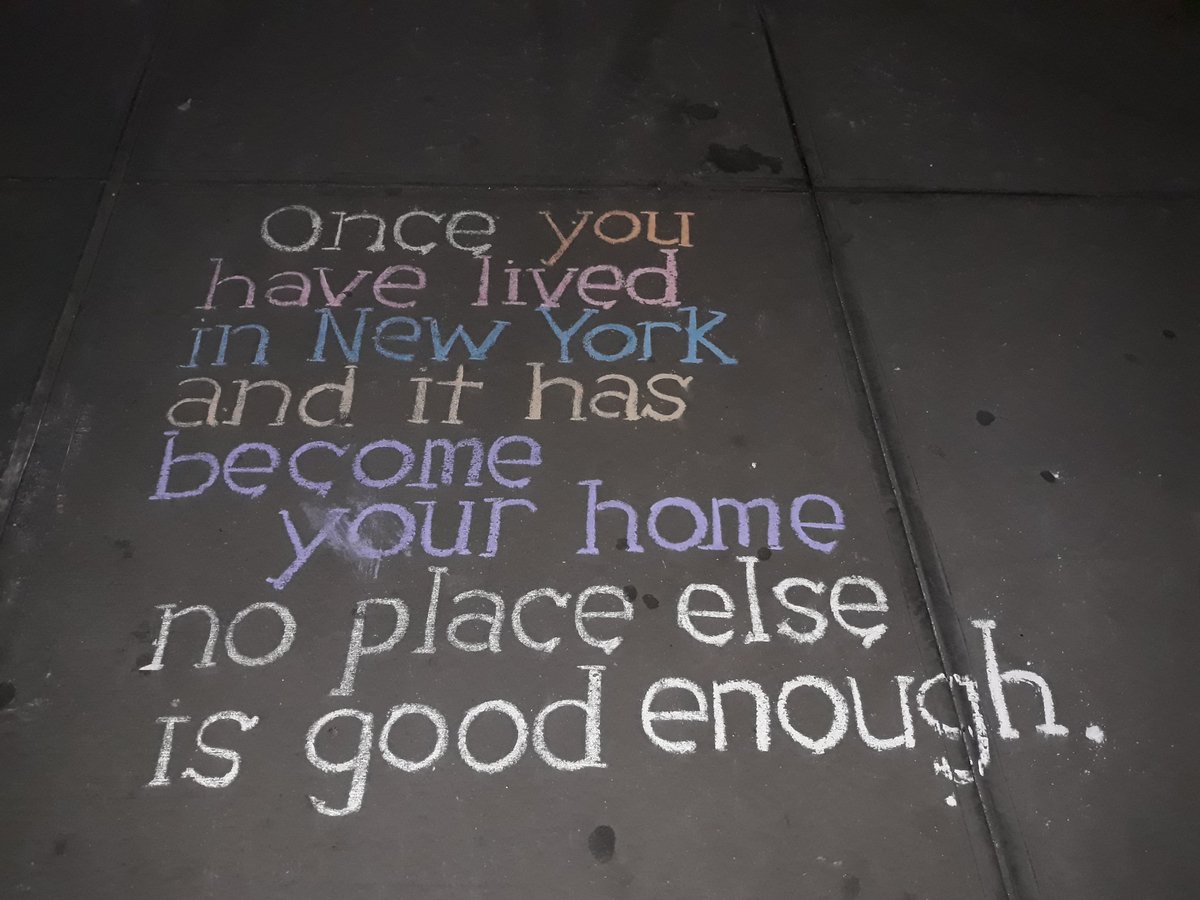 MPluhacek's tweet photo. Came across this on my way home yesterday somewhere around 72 St. After living for nearly six months in the Big Apple, I have a suspicion this is 100% true. It is hard to make it into NYC, it seems even harder to leave. #12DaysRemaining #SidewalkWisdom #ChalkMessage #LoveNYC https://t.co/138KcU8YY2