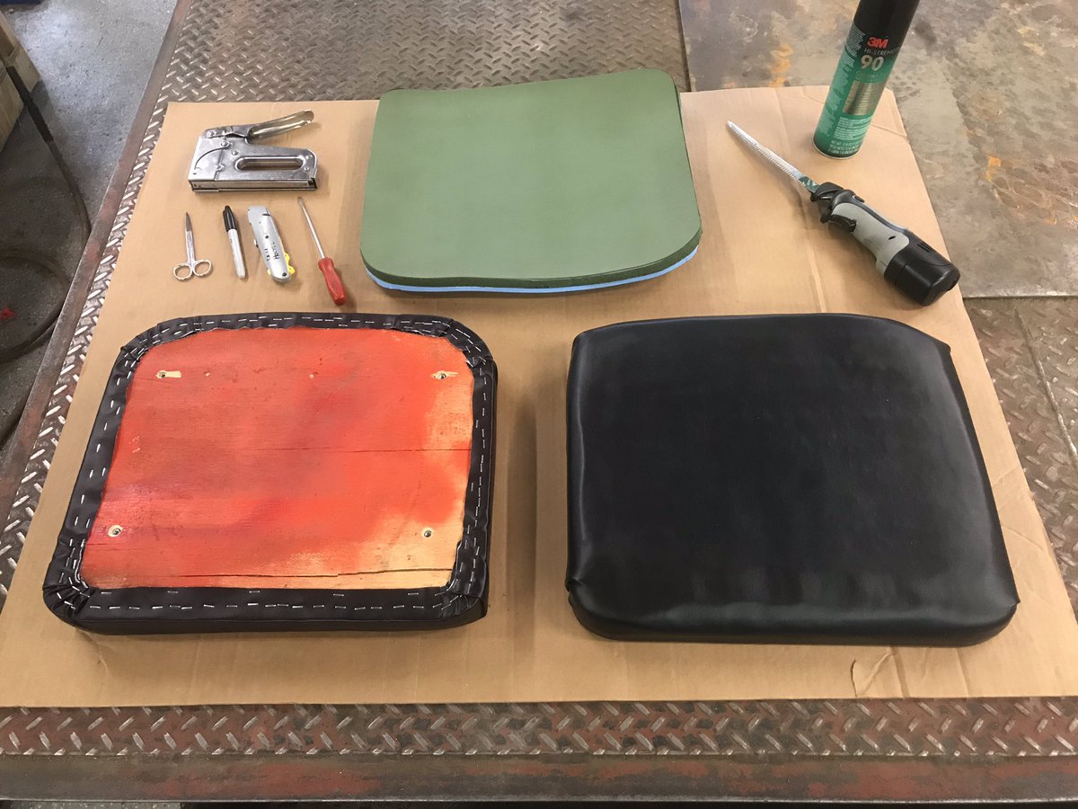 glccturfmec's tweet photo. Old Workman seats where had. I am not a professional upholsterer by any stretch but as EMs we just dive right in. Some spray90, two types of camping pads, new Vinyl, good plywood, and new nut inserts. Not half bad #WinterMaintenance #NoMoreWetSeat https://t.co/TnKWtmo7i3
