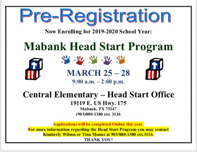 MabankHeadStart's tweet photo. Do you have a child that will be 3 or 4 years old by Sept. 1, 2019? Is your family income eligible? Does your child have a disability? https://t.co/Io3eEg8ZR1