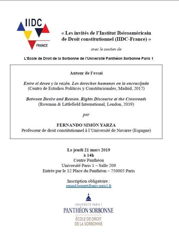 DesRelations's tweet photo. The Sorbonne Law School and the French Section of the Ibero-American Institute of Constitutional Law invite you to the conference of Prof. SIMÓN YARZA - Professor at the University of Navarre. It will be held on Thursday, March 21 at 2 p.m. in Room 209 of the  Centre Panthéon https://t.co/sD0mj8J8y1