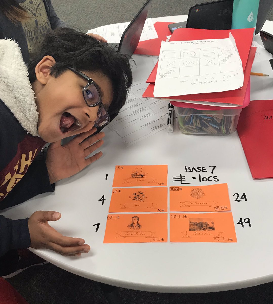 GTareWe's tweet photo. One of my fourth graders with the base 7 currency he created. #creativity #basesystems #civilizations https://t.co/v1Nmq2FO6J