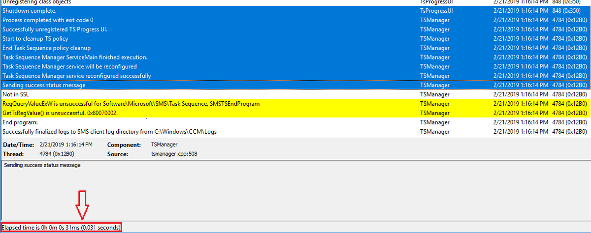 Amar_R_'s tweet photo. #CMtrace tip: If you select a group of lines, it will show you the time elapsed. 
#ConfigMgr #SCCM https://t.co/FMHksJ0KnH