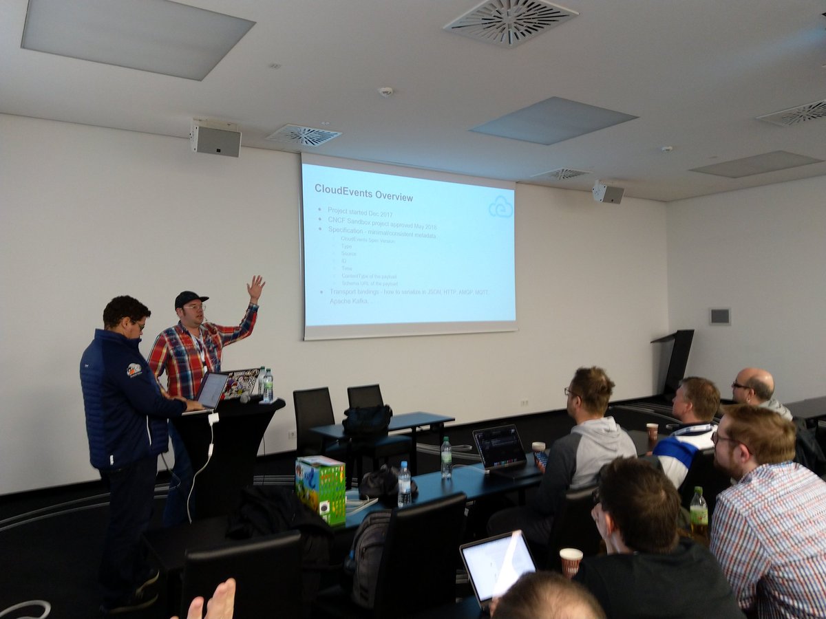 gunnarmorling's tweet image. Now on stage at @JavaLandConf are @mwessendorf and @brunoborges, talking about event sourcing in the cloud. Cool stuff! #CloudEvents #KNative
